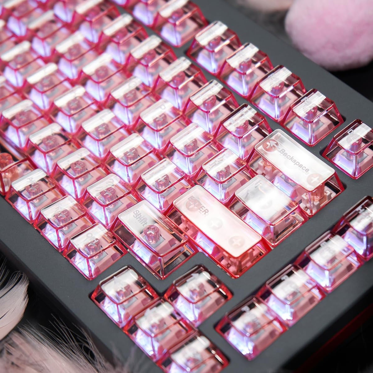 Pink Crystal Clear Keycap Set for Mechanical Gaming Keyboard - 156 Keys Cherry Profile
