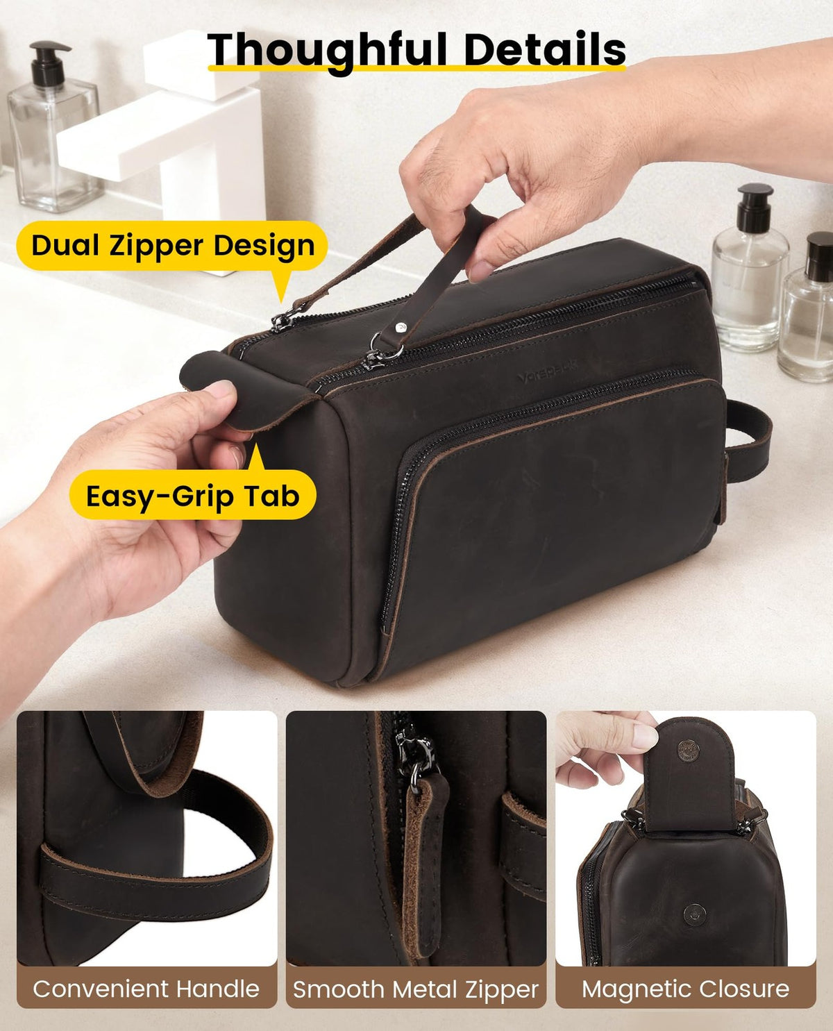 Genuine Leather Toiletry Bag for Men Water-Resistant Travel Case Dark Brown