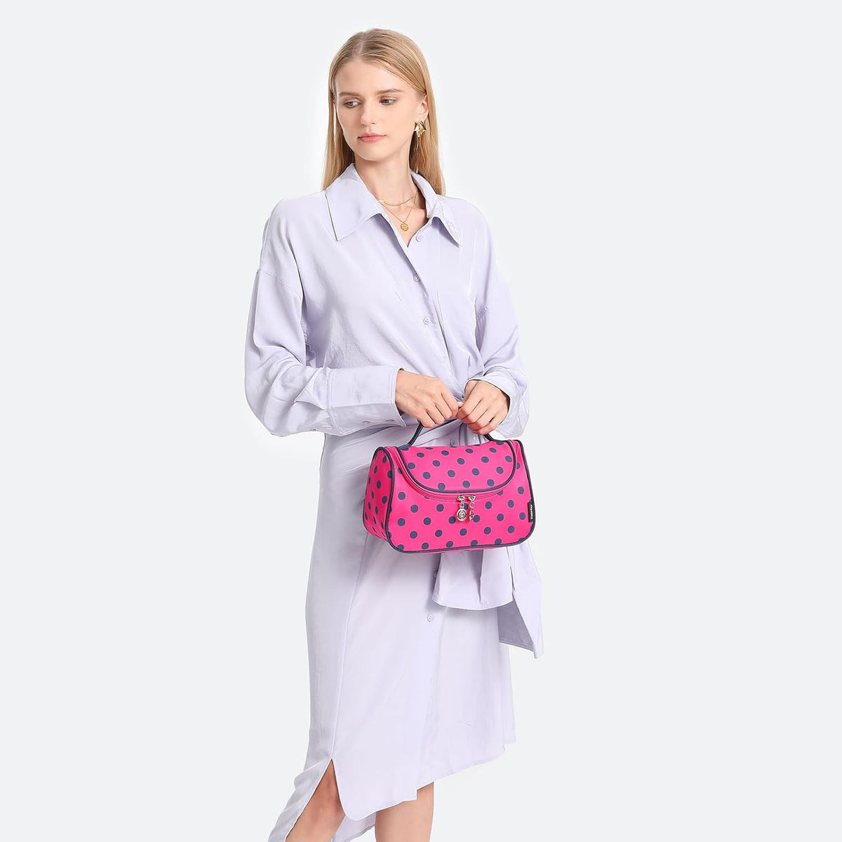 Travel Cosmetic Bag for Women - Hanging Makeup Organizer & Polka Dot Design