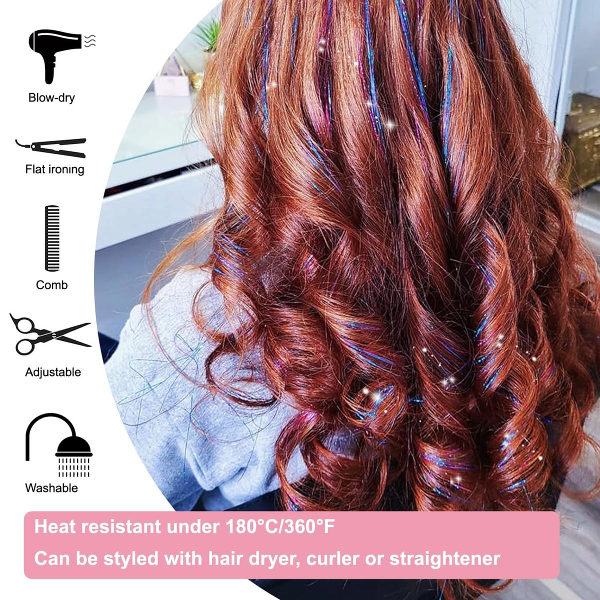 Sparkling Clip-In Hair Tinsel Extensions - Sky Blue, 20 Inch, 18 Pack