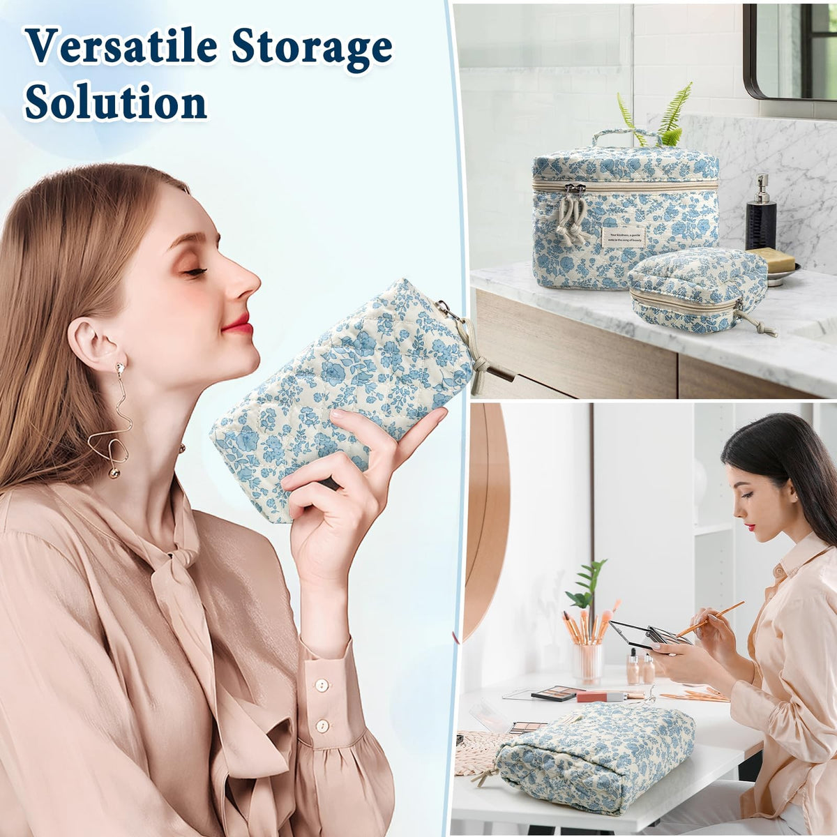 Large Cotton Quilted Travel Makeup Bag Set - Floral Sky Blue 4 Pack