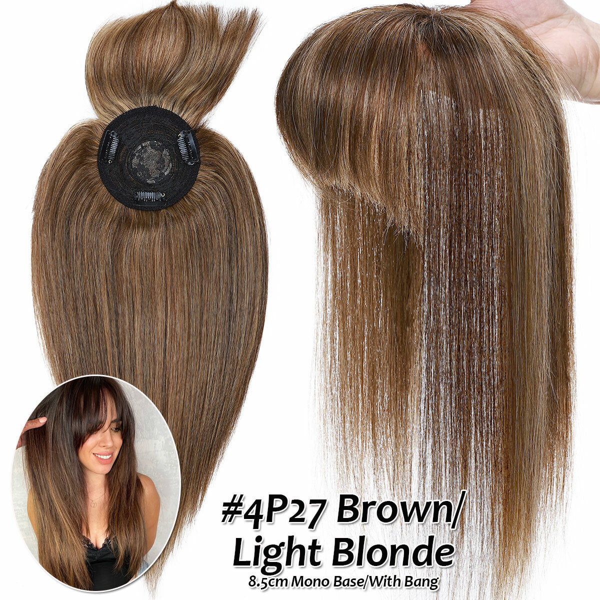 Remy Human Hair Topper with Bangs - Clip-In Hairpiece for Thinning Hair