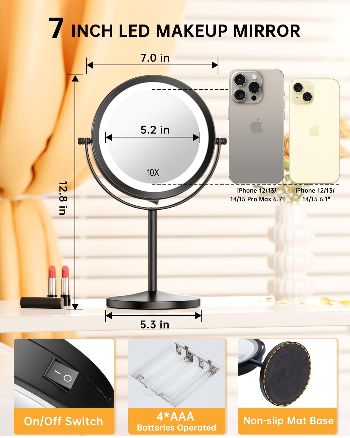 7-Inch Lighted Double-Sided Makeup Mirror with 10X Magnification and LED Lighting