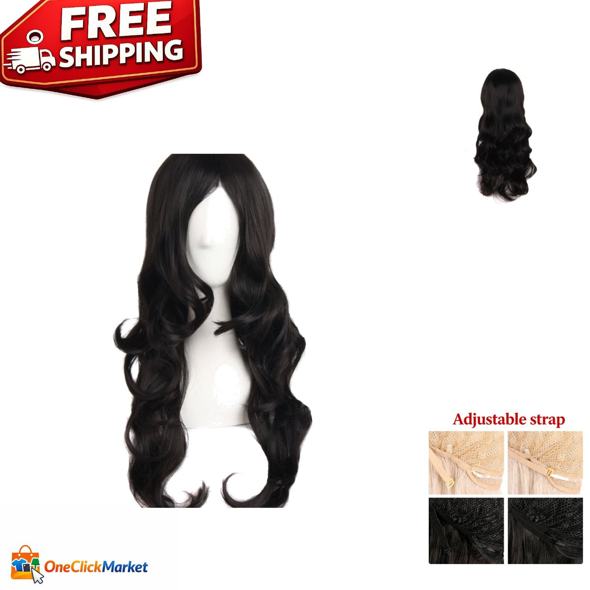 Black Wavy Wig 24 Inch with Side Bangs for Cosplay & Parties