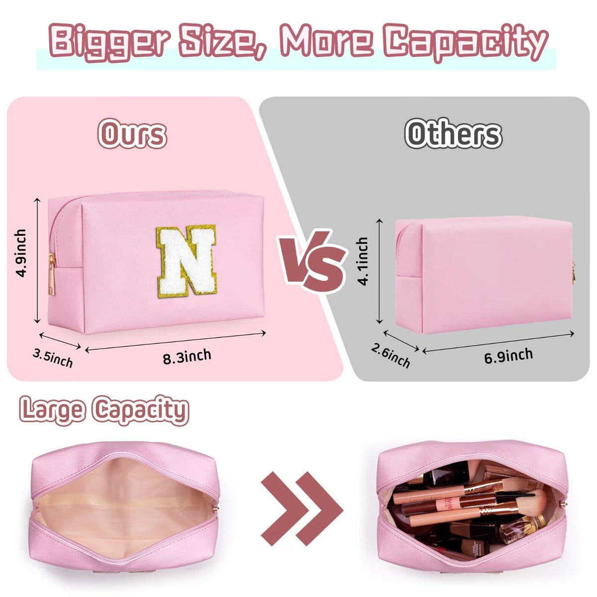 Personalized Makeup Bag for Women Girls - Pink Initial Gift