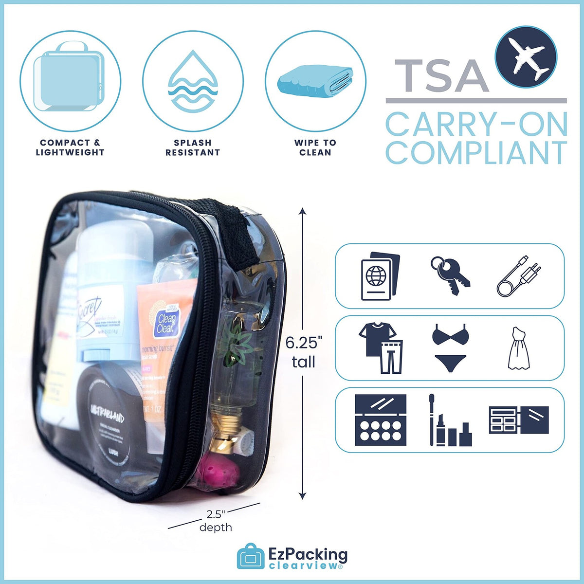 Clear TSA Approved Travel Toiletry Bag for Carry-On, Quart Size Pouch