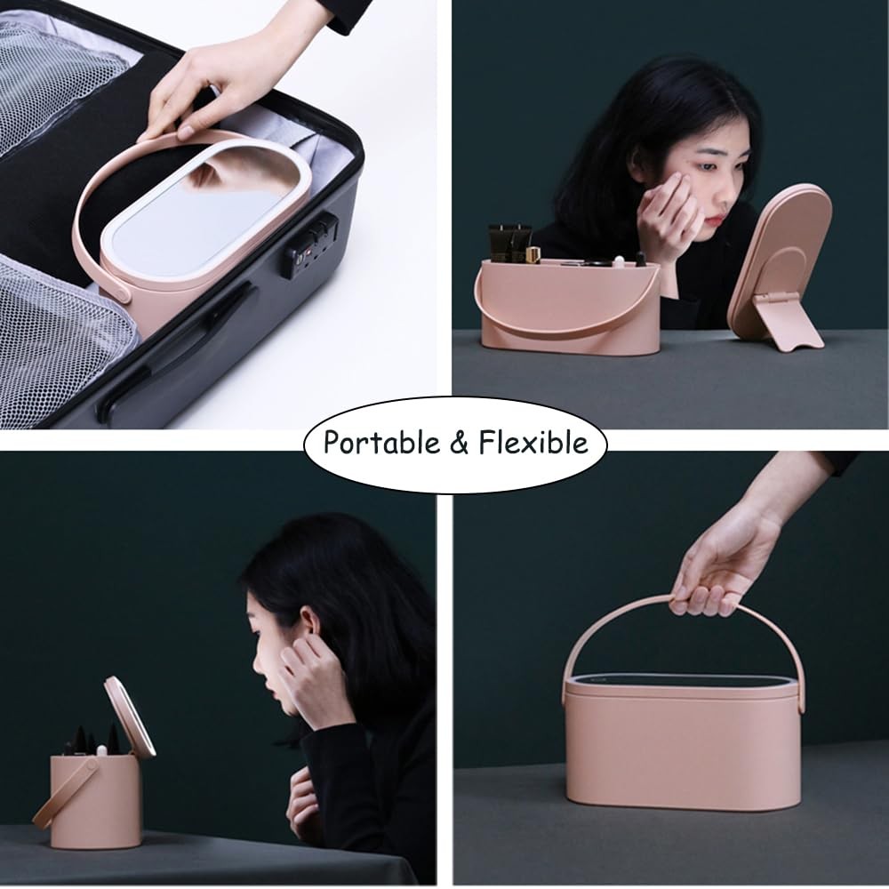 Portable LED Makeup Case with Mirror, Travel Cosmetic Organizer Pink