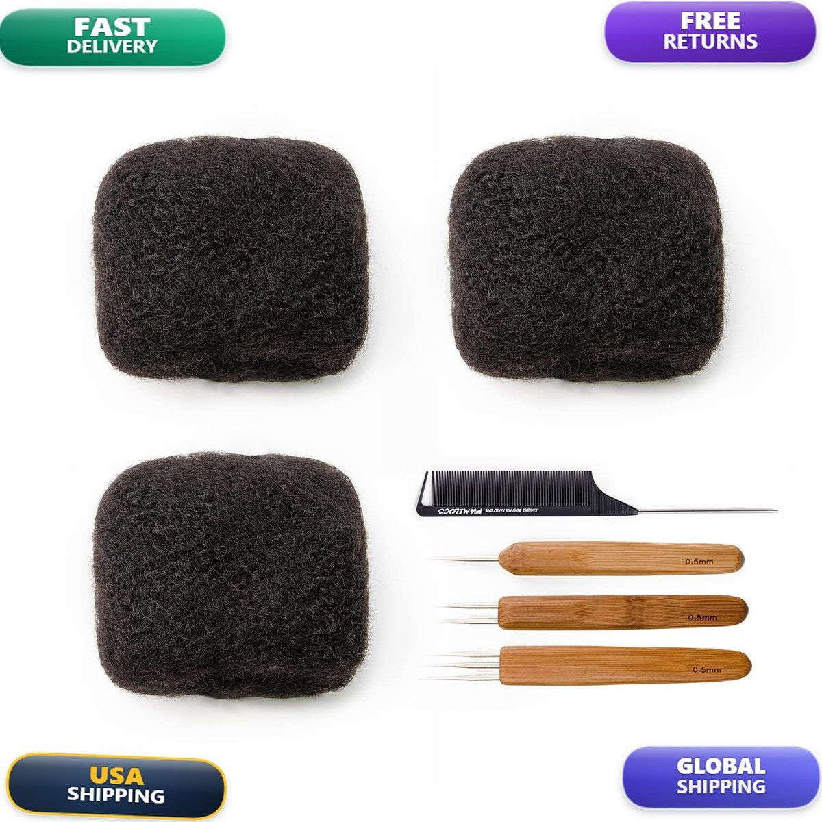Human Hair Afro Kinky Bulk Extensions - Natural Black, 18 Inch, 3 Bundles
