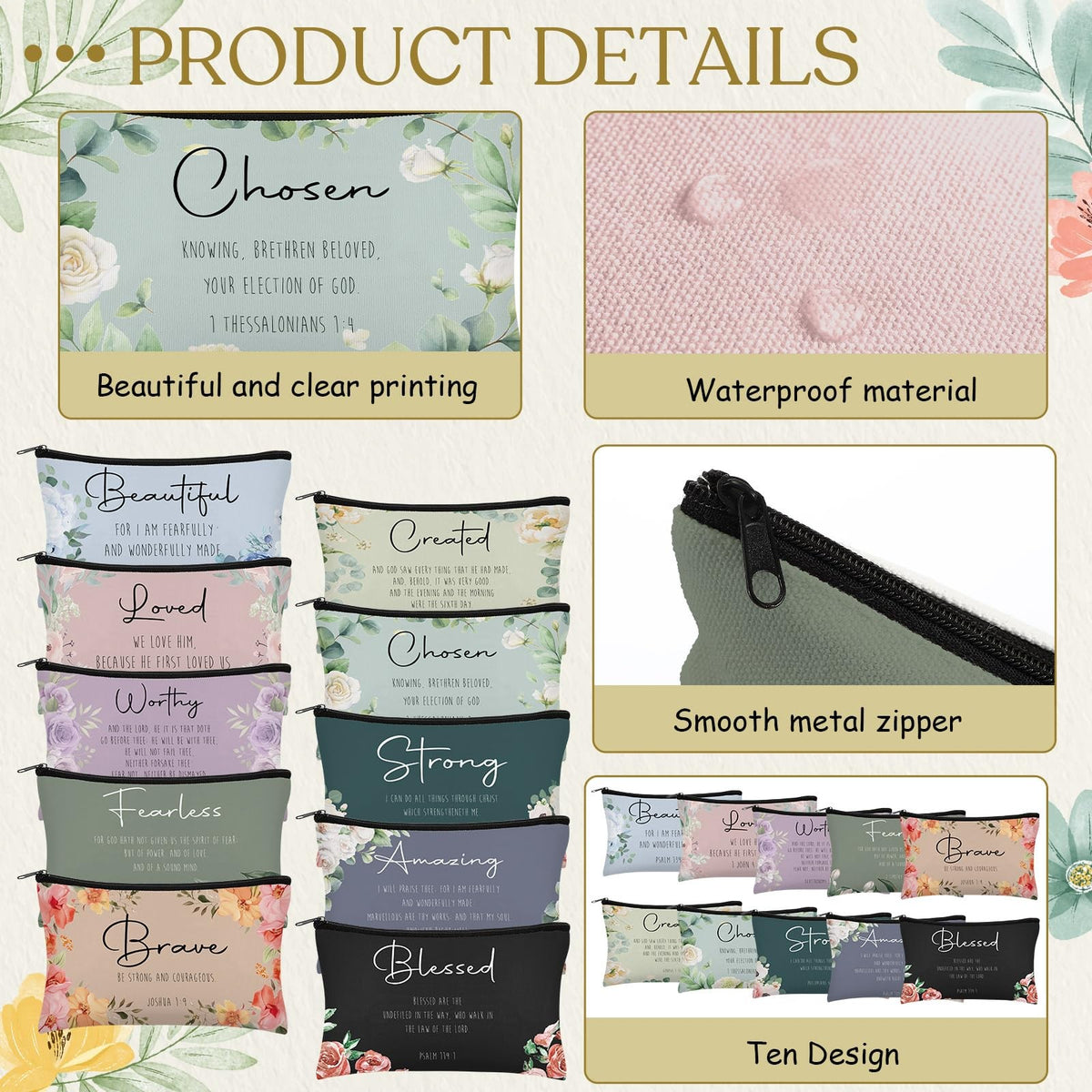 Christian Makeup Bags Set - Inspirational Bible Verse Cosmetic Pouch Bulk for Women