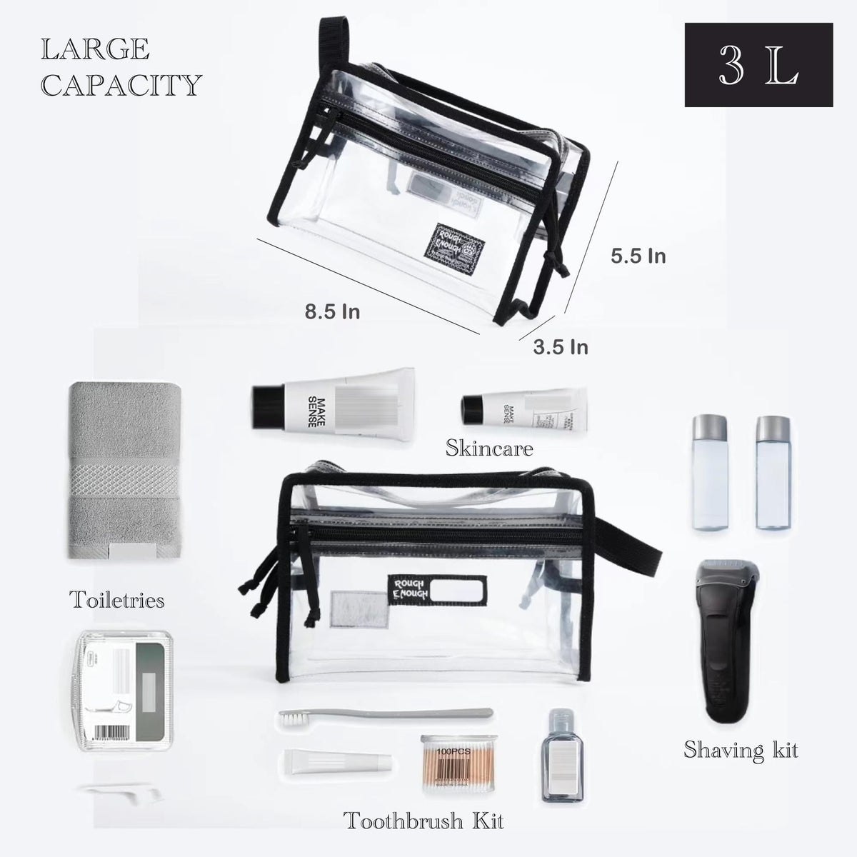 Clear Waterproof Toiletry Bag for Travel Cosmetics & Grooming - 8.5x3.5x5.5 Inches