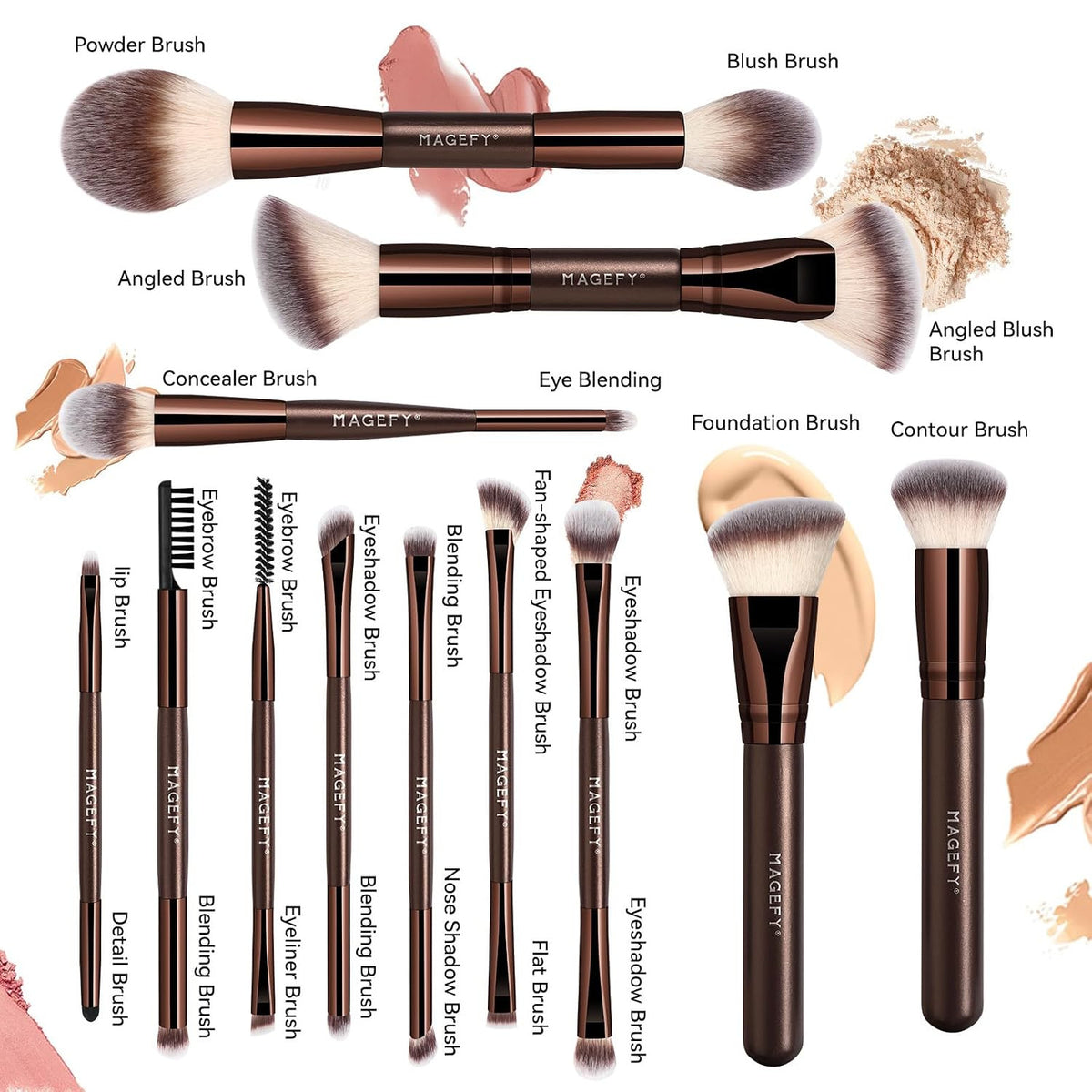 22-Piece Professional Makeup Brush Set with Double-End Brushes and Pouch