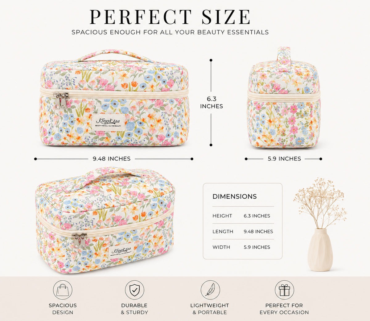 Large Quilted Cosmetic Bag - Water-Resistant Makeup Organizer for Travel