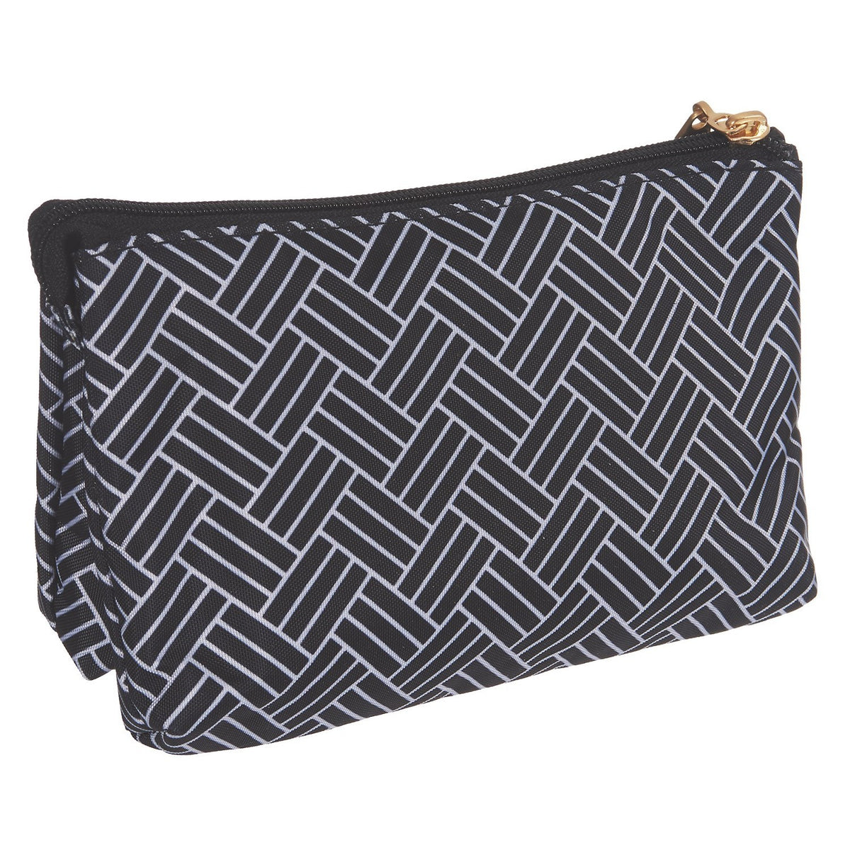 Cosmetic Bag with Multiple Compartments - Gold-Tone Hardware, Black Basket Print