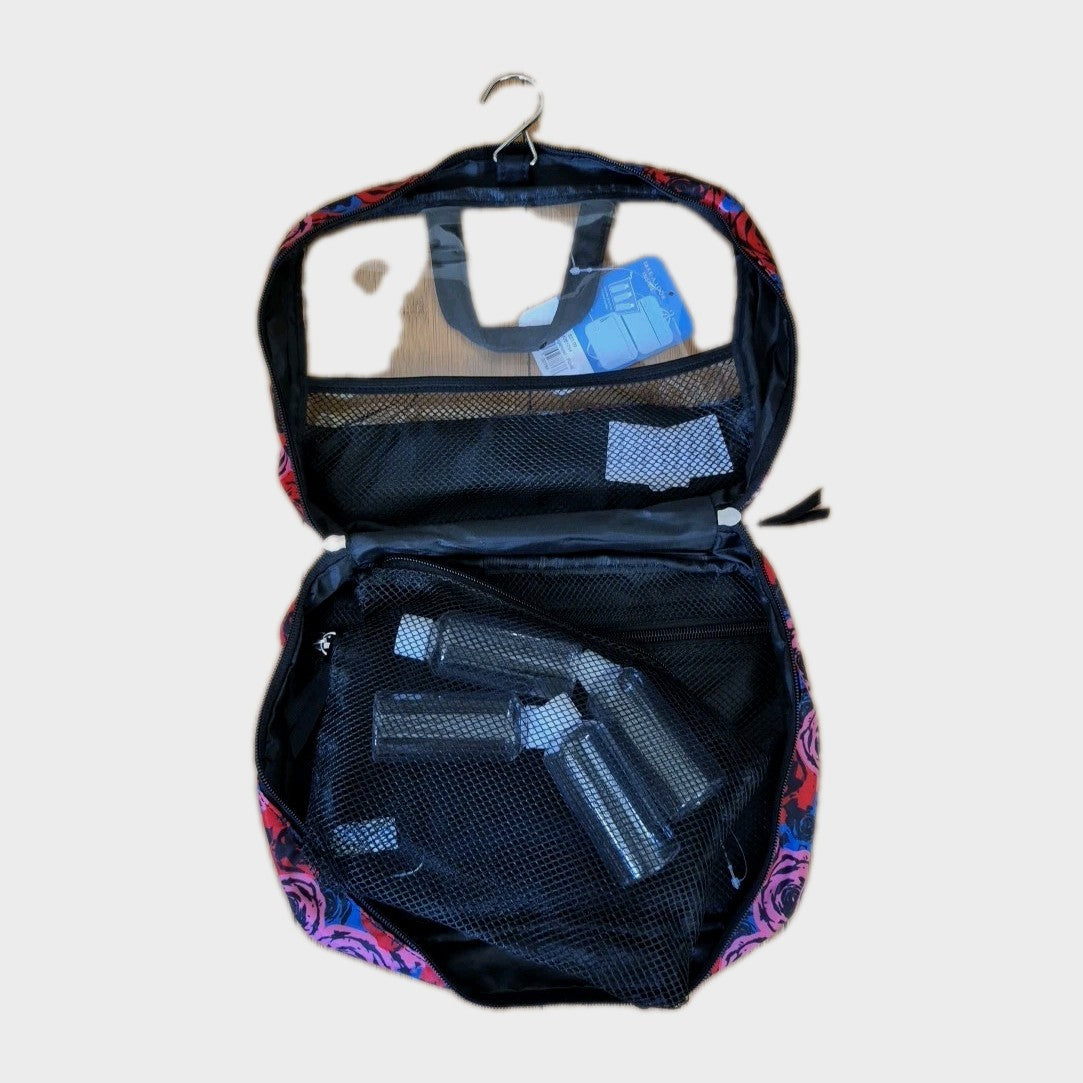 Travel Organizer Bag with Floral Design, Hangable with Pouch & 3 Travel Bottles