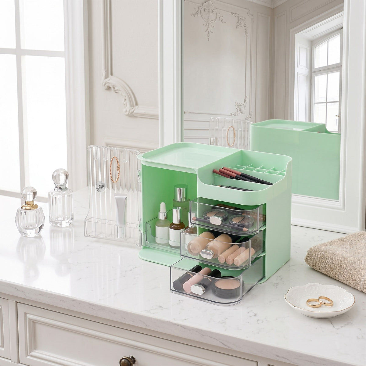 Large Makeup Storage Organizer with Mirror - 31x20x24cm PET Cosmetic Case