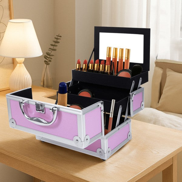 Pink Aluminum Makeup Train Case with Mirror, 9x6x6 in - Jewelry Organizer SM-2176