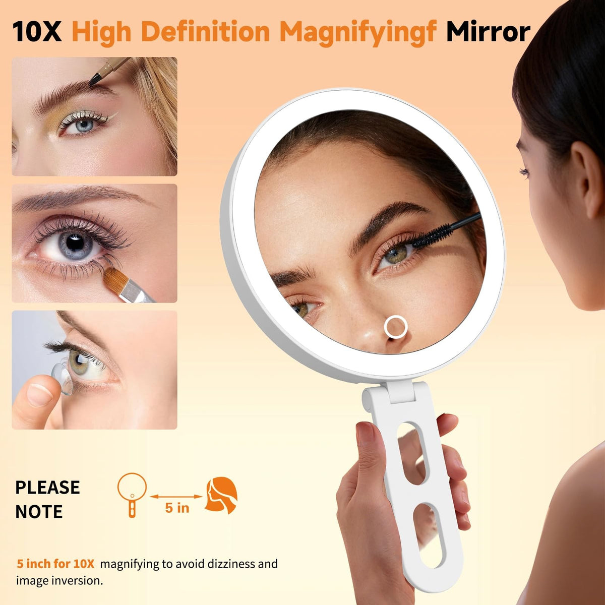 Travel Lighted Makeup Mirror with 10X Magnification and 3 Color LED Lights - Portable 4-in-1 Design