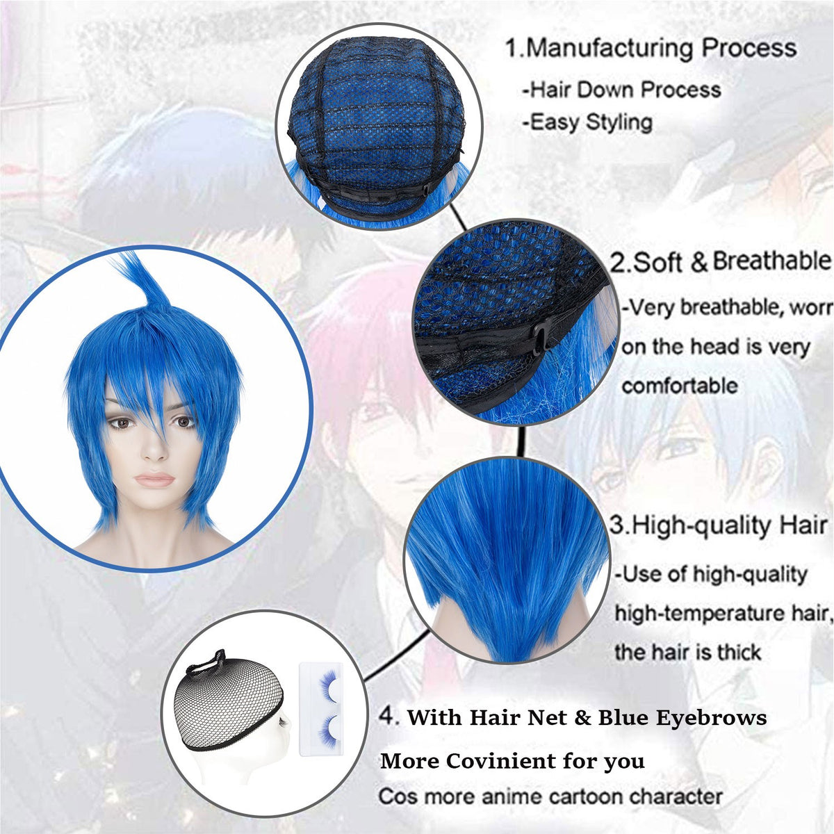 Blue Anime Cosplay Wig Set with Cap & Eyelashes - Short Spiky Style