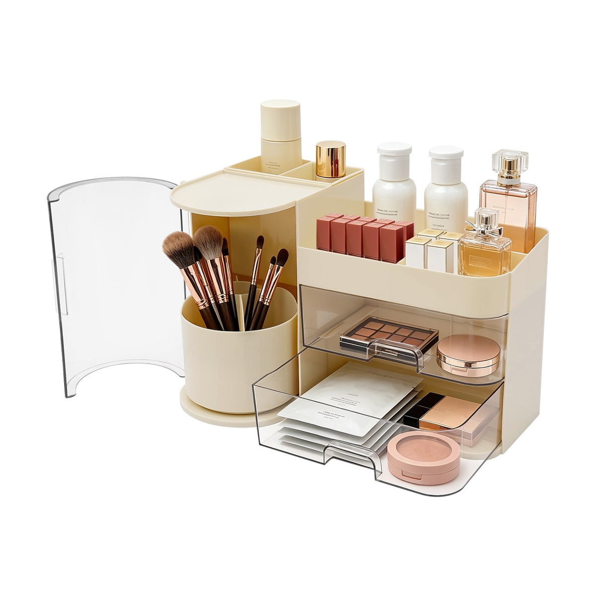 Tiered Makeup Organizer with Brush Holder & Drawers – Countertop Cosmetic Storage Box