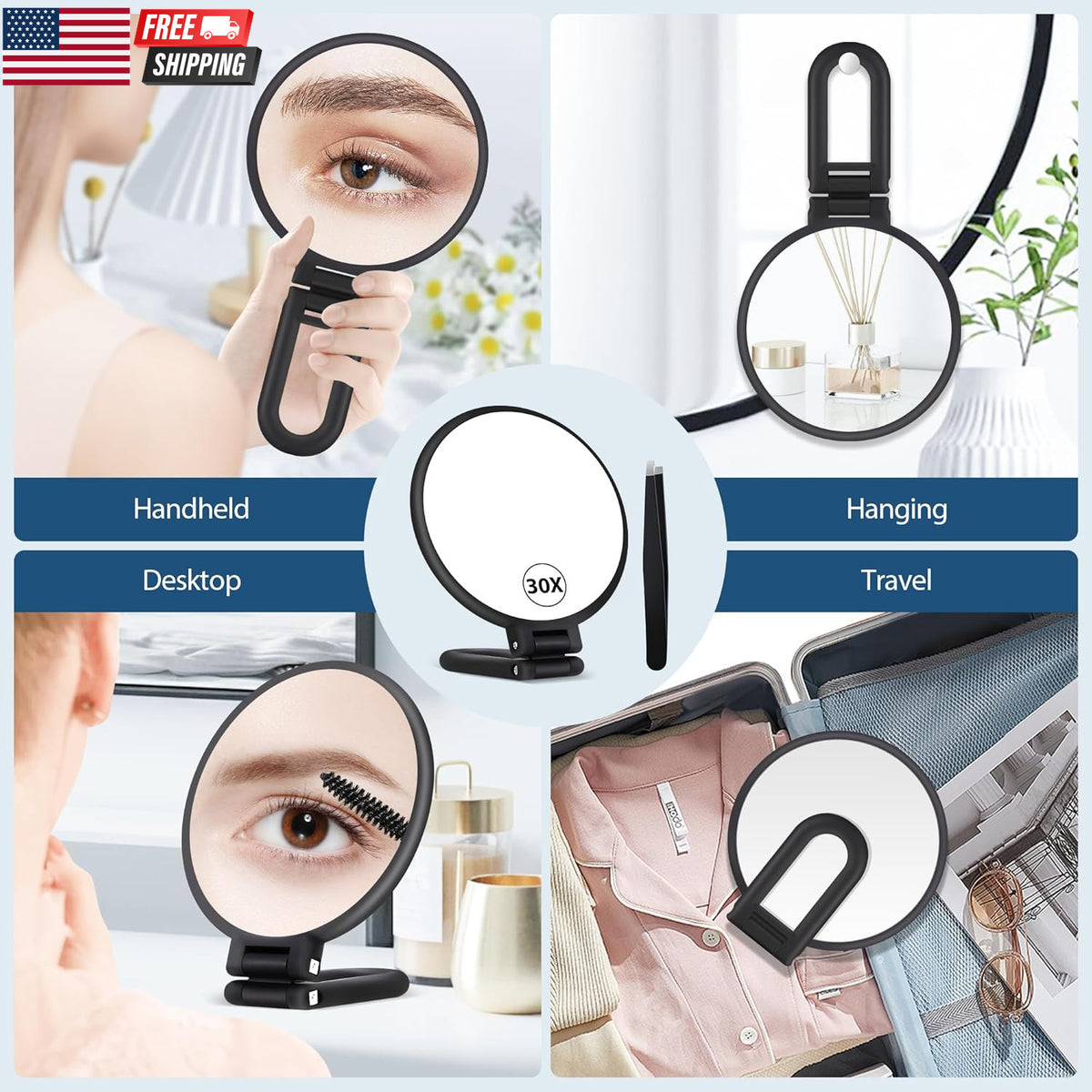 30X Magnifying Hand Mirror with 1X/30X Dual Sides – Portable Foldable Makeup Mirror
