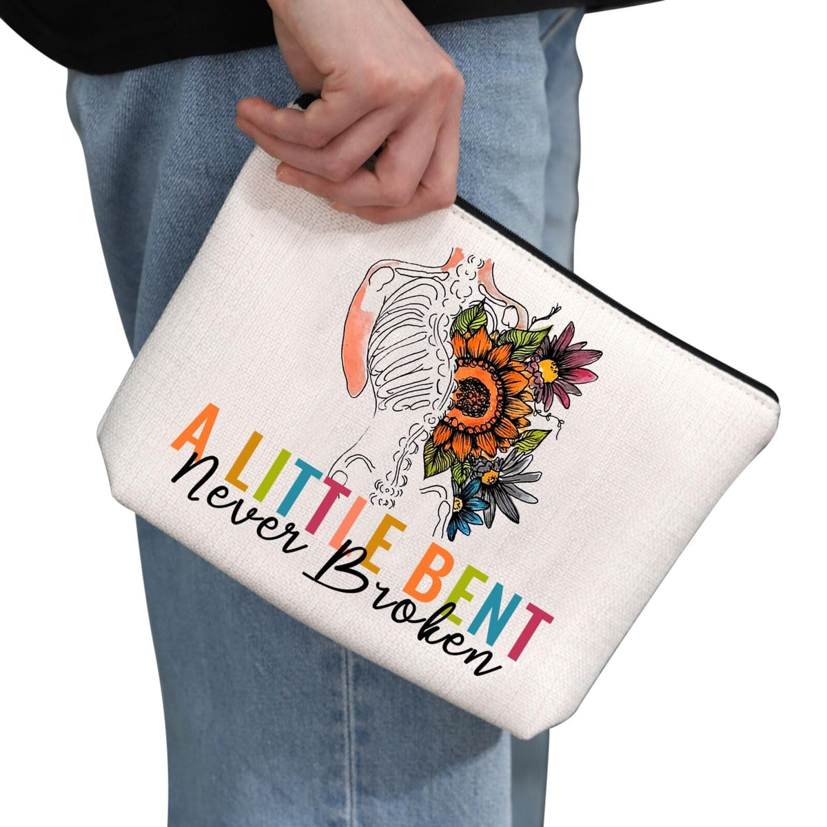 Scoliosis Awareness Makeup Bag - Never Broken Never Bent Gift for Warriors