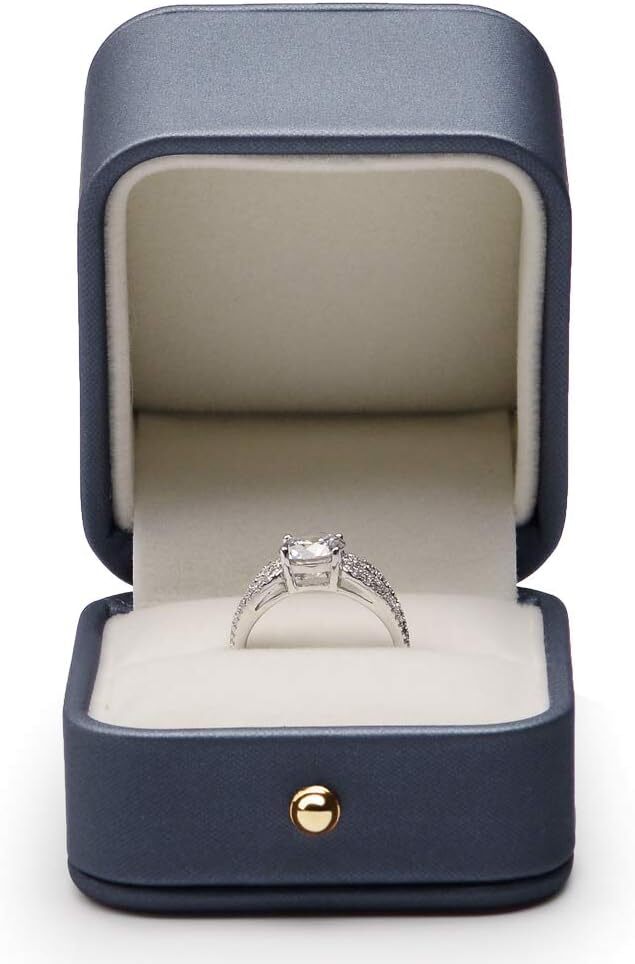Steel-Blue Leather Ring Box — Elegant Jewelry Storage for Engagement & Gifts