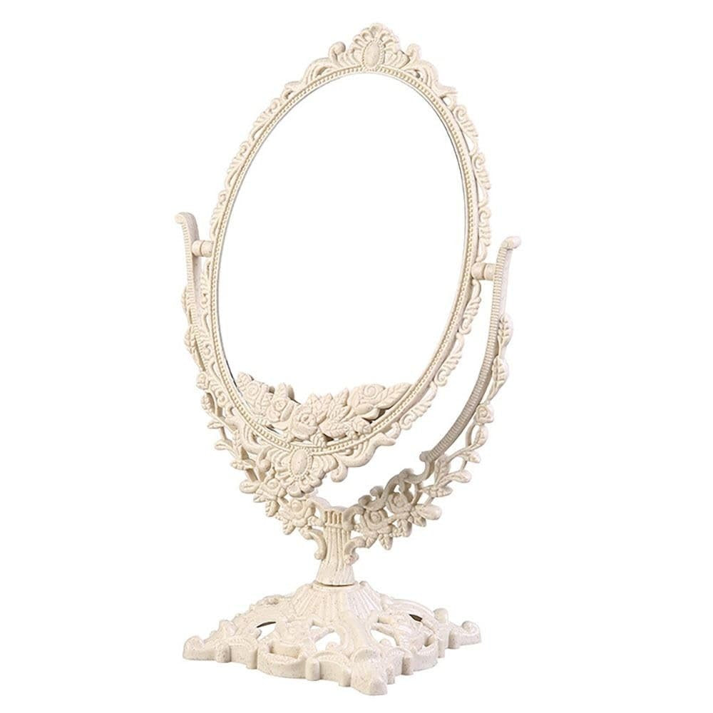 Retro Double Sided Tabletop Makeup Mirror - Oval, 8.7 x 7.5 Inches, Beige