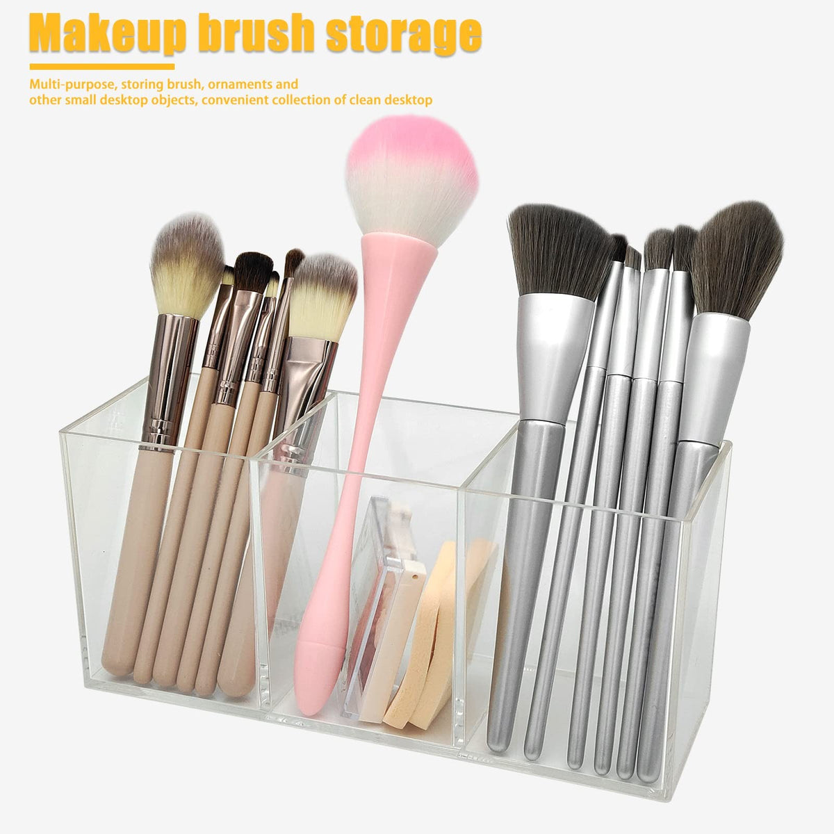 Acrylic Makeup Brush Organizer with 3 Slots - Clear Cosmetic Storage Holder