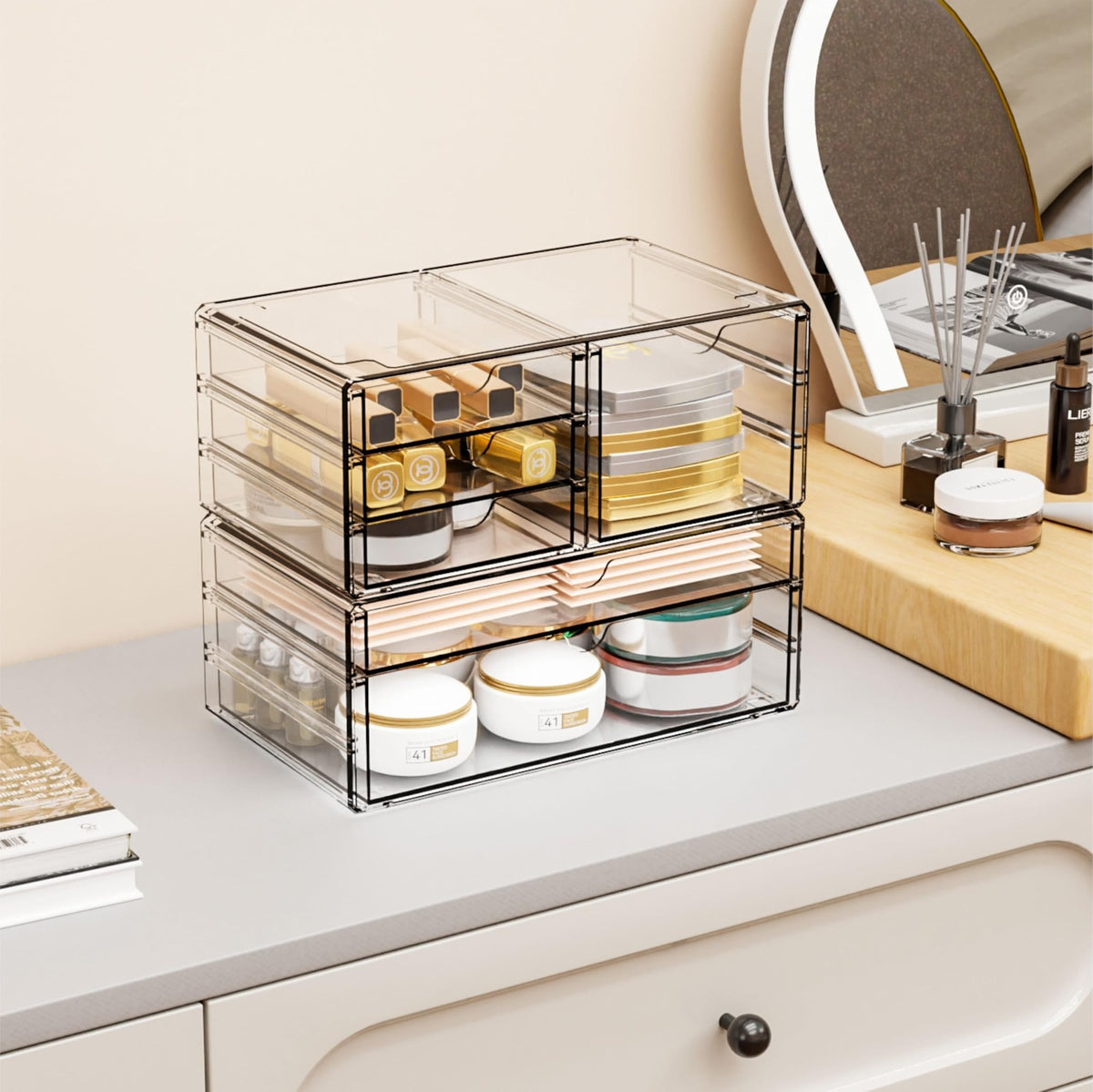 Large Clear Acrylic Drawer Organizer 6-Drawer Stackable Storage Bins