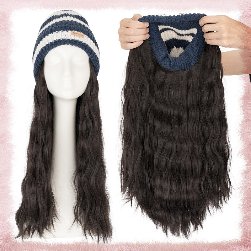 Women Knitted Wavy Wig Winter Beanie Hat - Long Curly Synthetic Hair