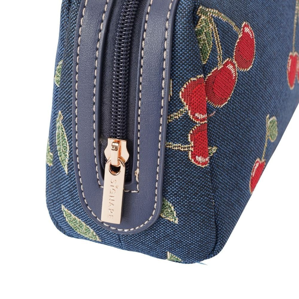 Travel Cosmetic Bag with Cherry Design - Blue Tapestry & Vegan Leather Trim