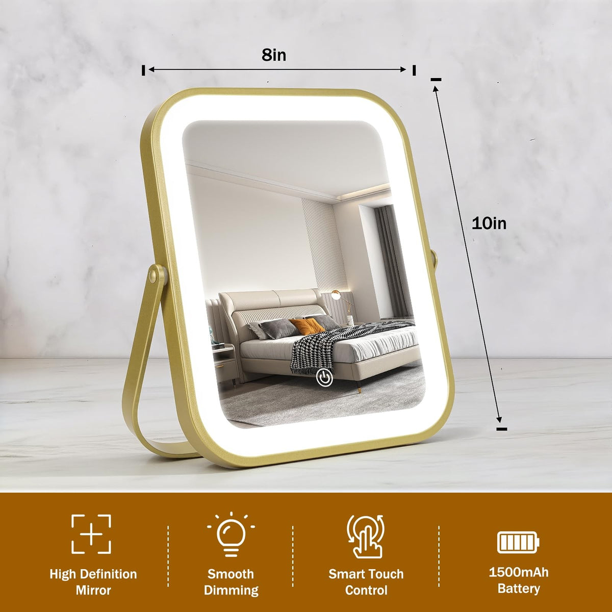 Rechargeable 10x8 Inch LED Makeup Mirror with Touch Control and Dimmable Lights