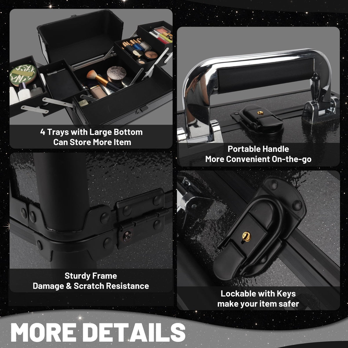Makeup Train Case 10.2 Inch with 4 Trays - Starry Black Cosmetic Organizer Box