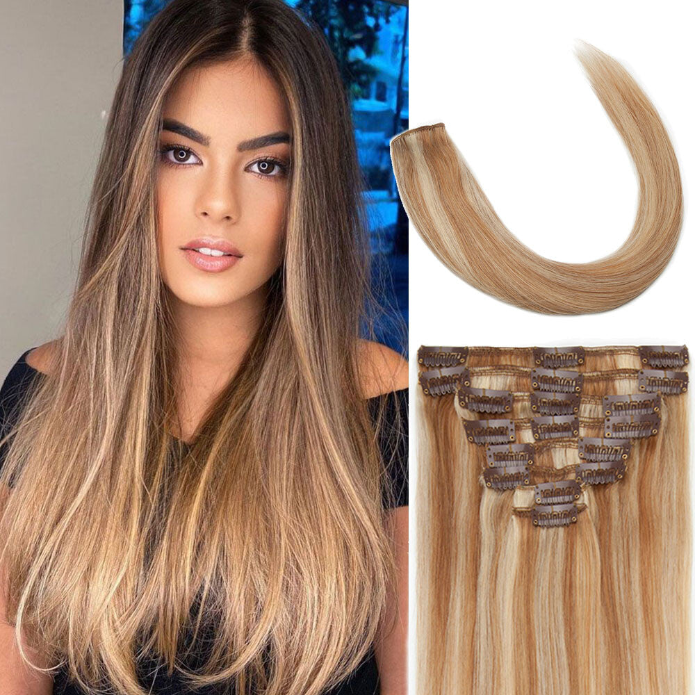 Clip-In Human Hair Extensions Full Head 8 Pieces Remy Hair for Volume & Length