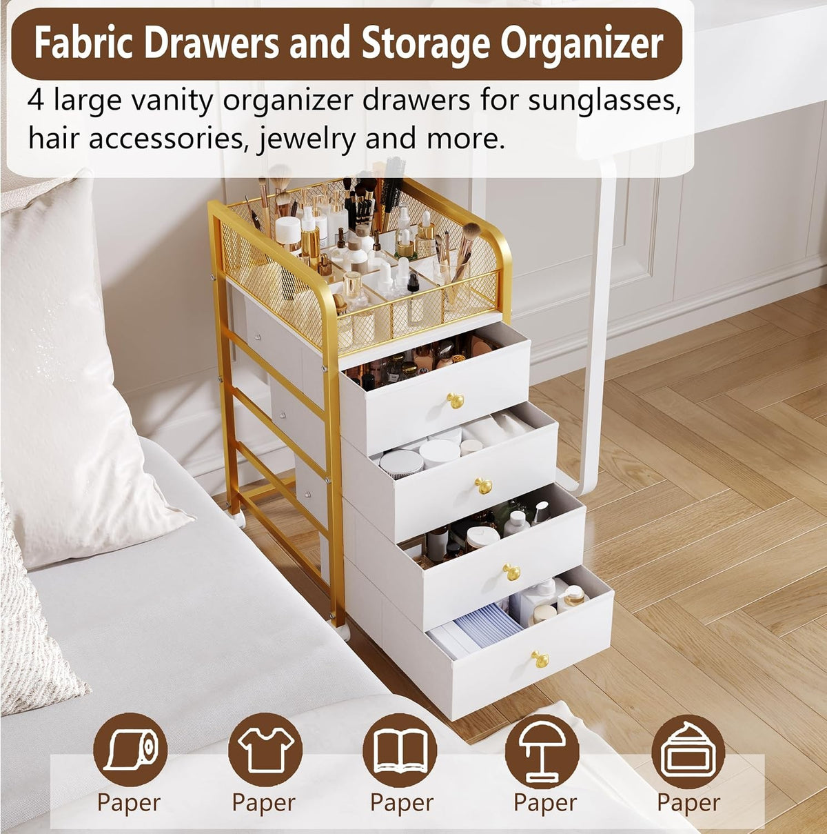 Rolling Makeup Organizer Cart with 4 Drawers and Lockable Wheels - Space Saving Vanity Storage