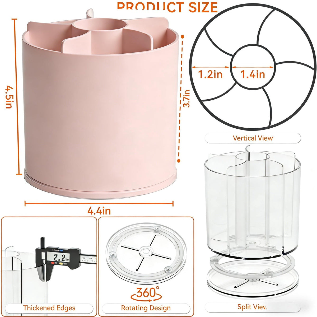 Rotating Makeup Brush Holder with 6 Compartments - Pink