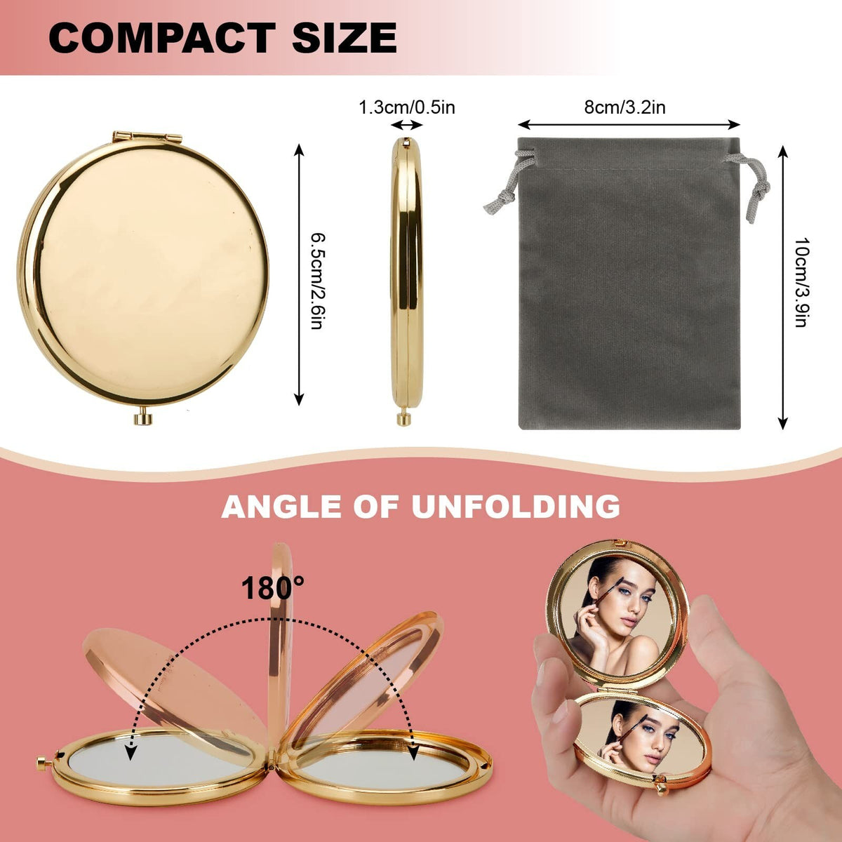Mini Folding Double-Sided Makeup Mirror with Magnification for Purses - Gold