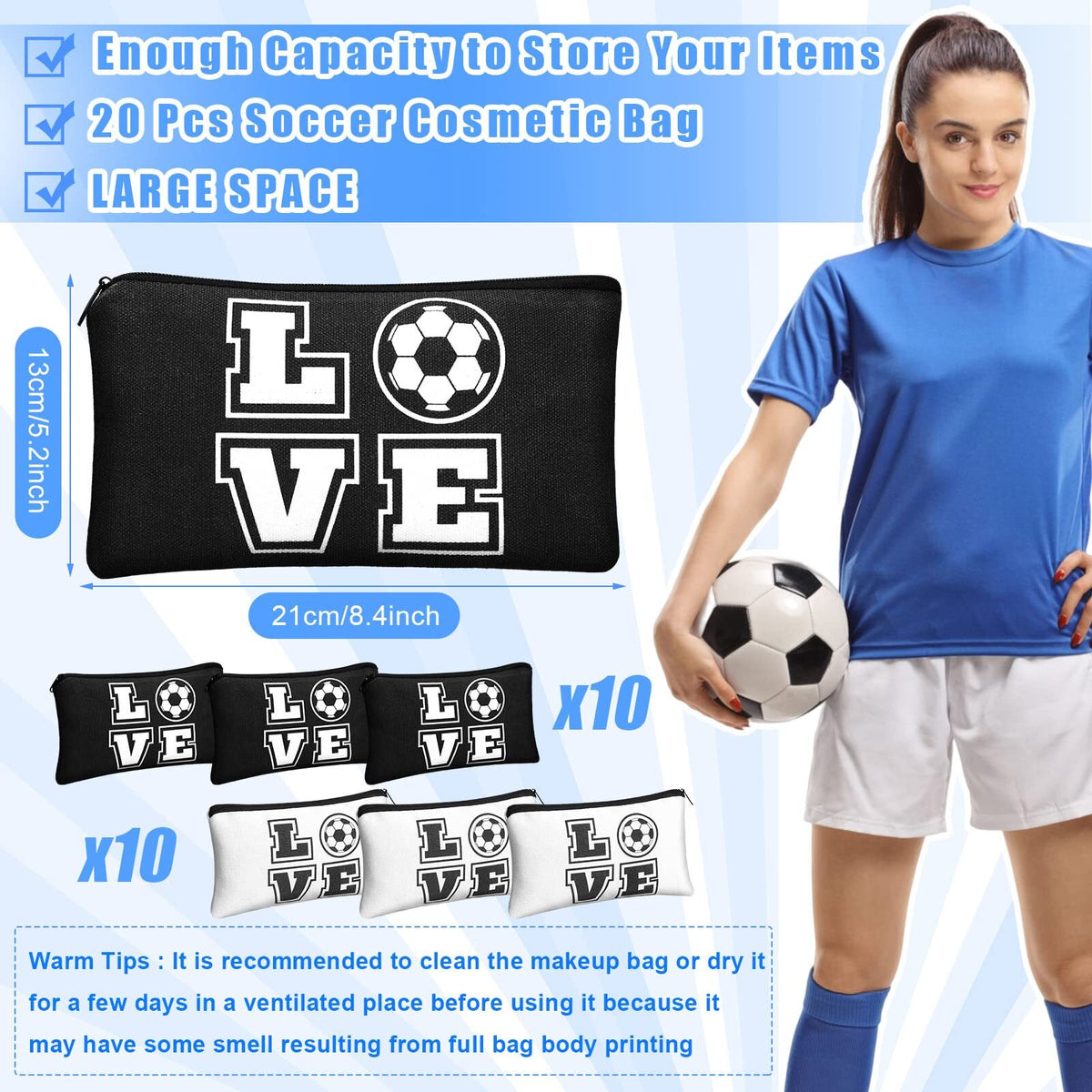 Soccer Makeup Bag Set - 20 Canvas Travel Cosmetic Bags for Soccer Lovers