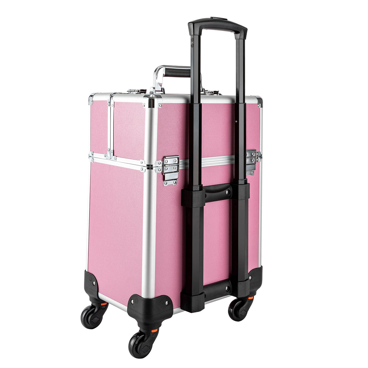 Pink Aluminum Rolling Makeup Train Case with Wheels and 4 Trays