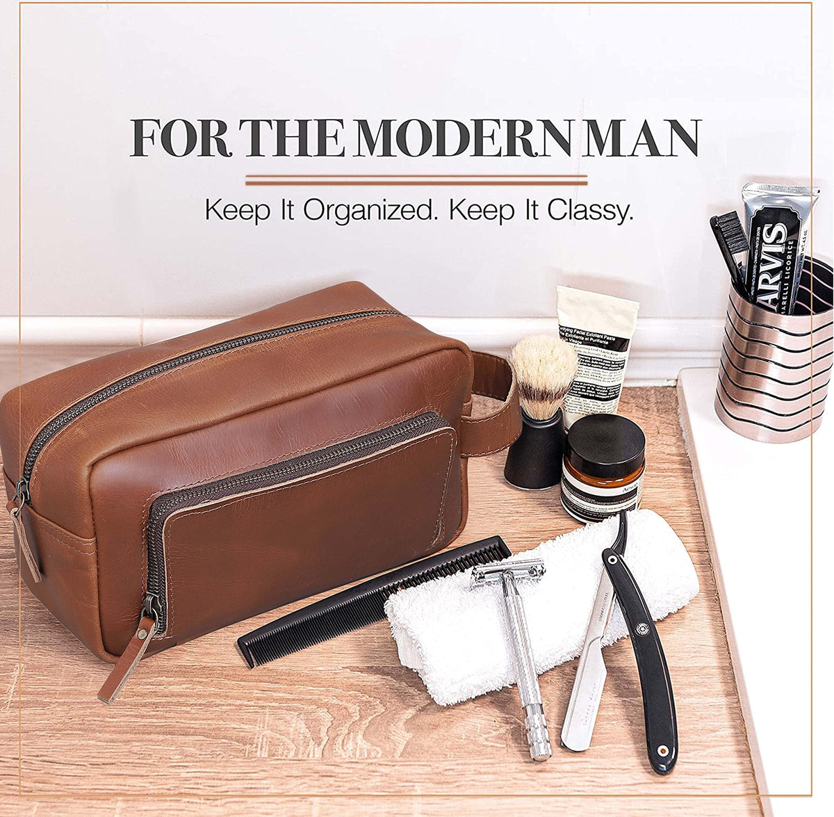 Men's Leather Travel Dopp Kit with Waterproof Interior and Multiple Compartments