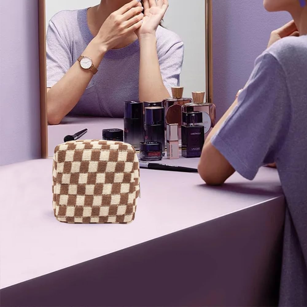 Mini Checkered Makeup Bag for Travel and Purse Storage - Cute Brown Cosmetic Pouch