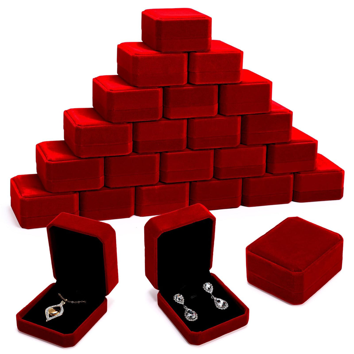Velvet Jewelry Gift Boxes Set - 24 Wine Red Necklace & Pendant Holders