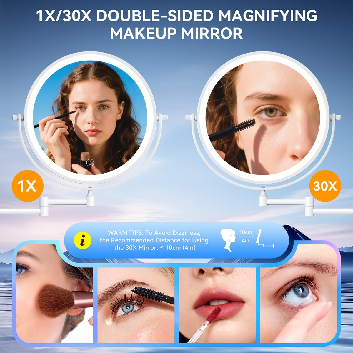 9-Inch Wall Mounted Lighted Makeup Mirror with 30X Magnification & LED Lighting
