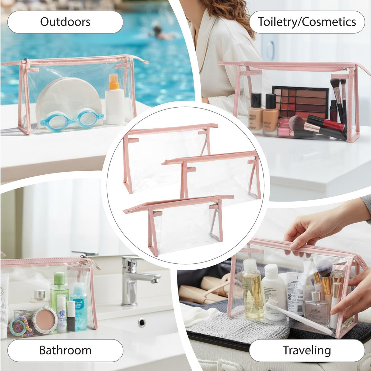 3-Pack TSA Approved Clear Travel Cosmetic Bags with Pink Trim