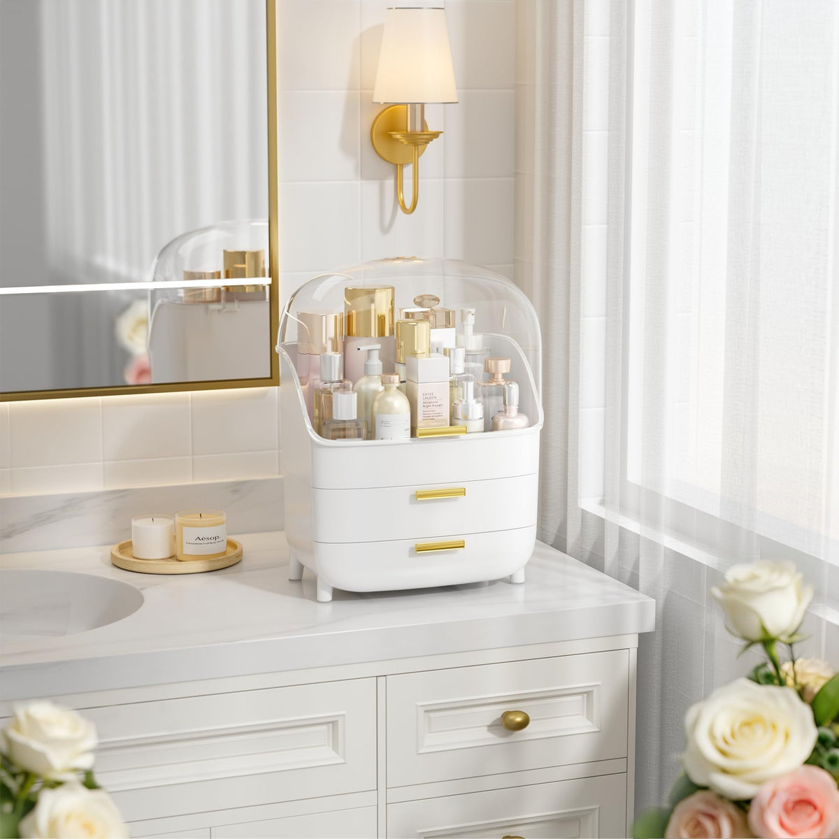 3-Tier Skincare Makeup Organizer with Drawers and Dustproof Lid - White