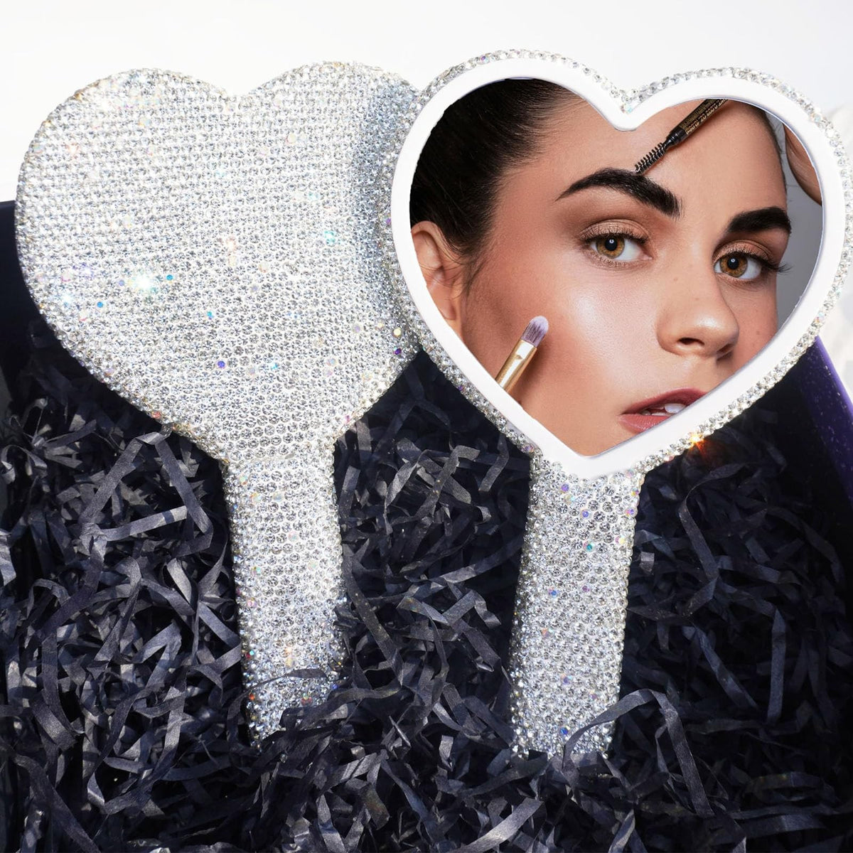 Heart-Shaped Rhinestone Handheld Mirror with Bling Glitter for Travel & Makeup