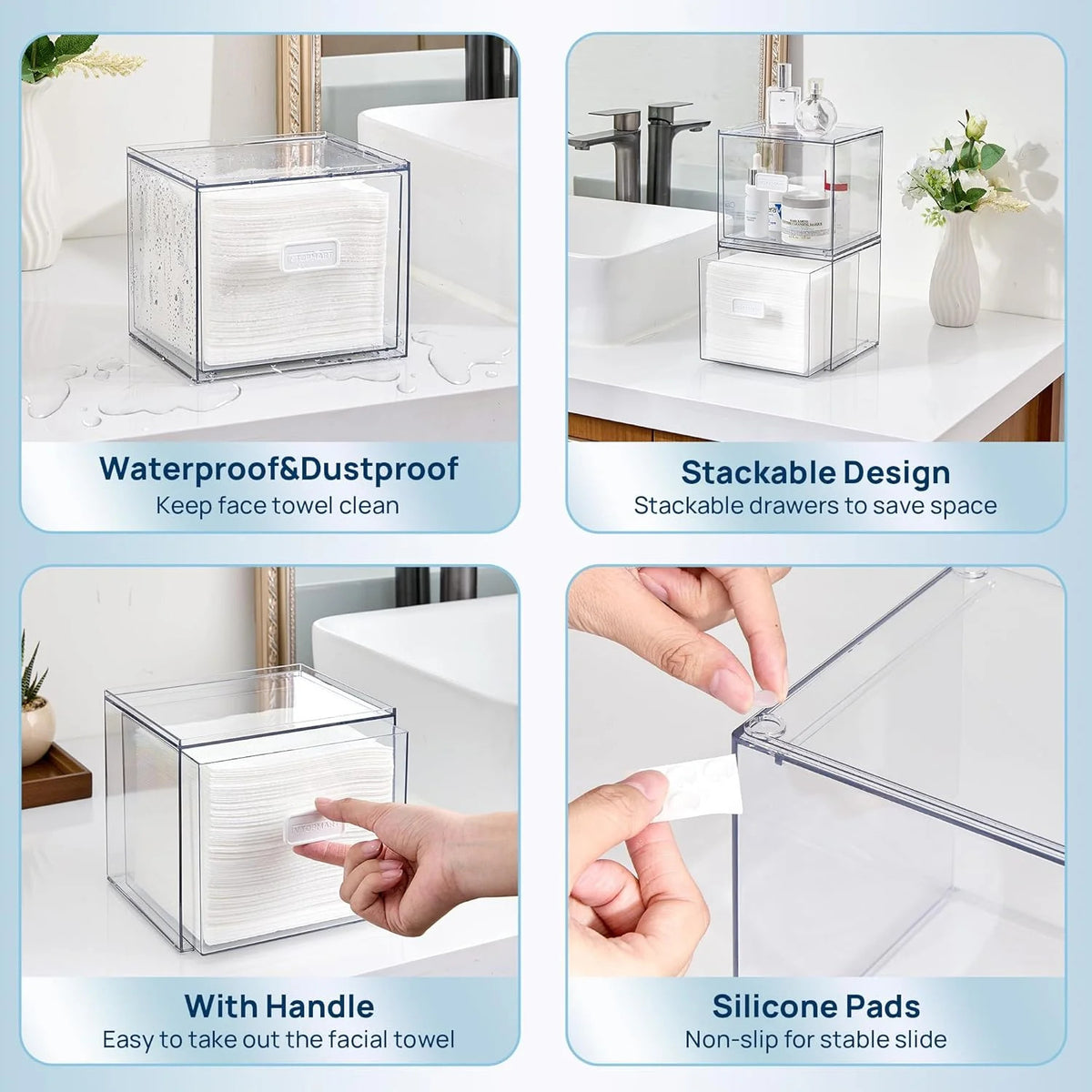 Disposable Facial Towel Holder with Clear Storage Drawer - Fits XL Towels