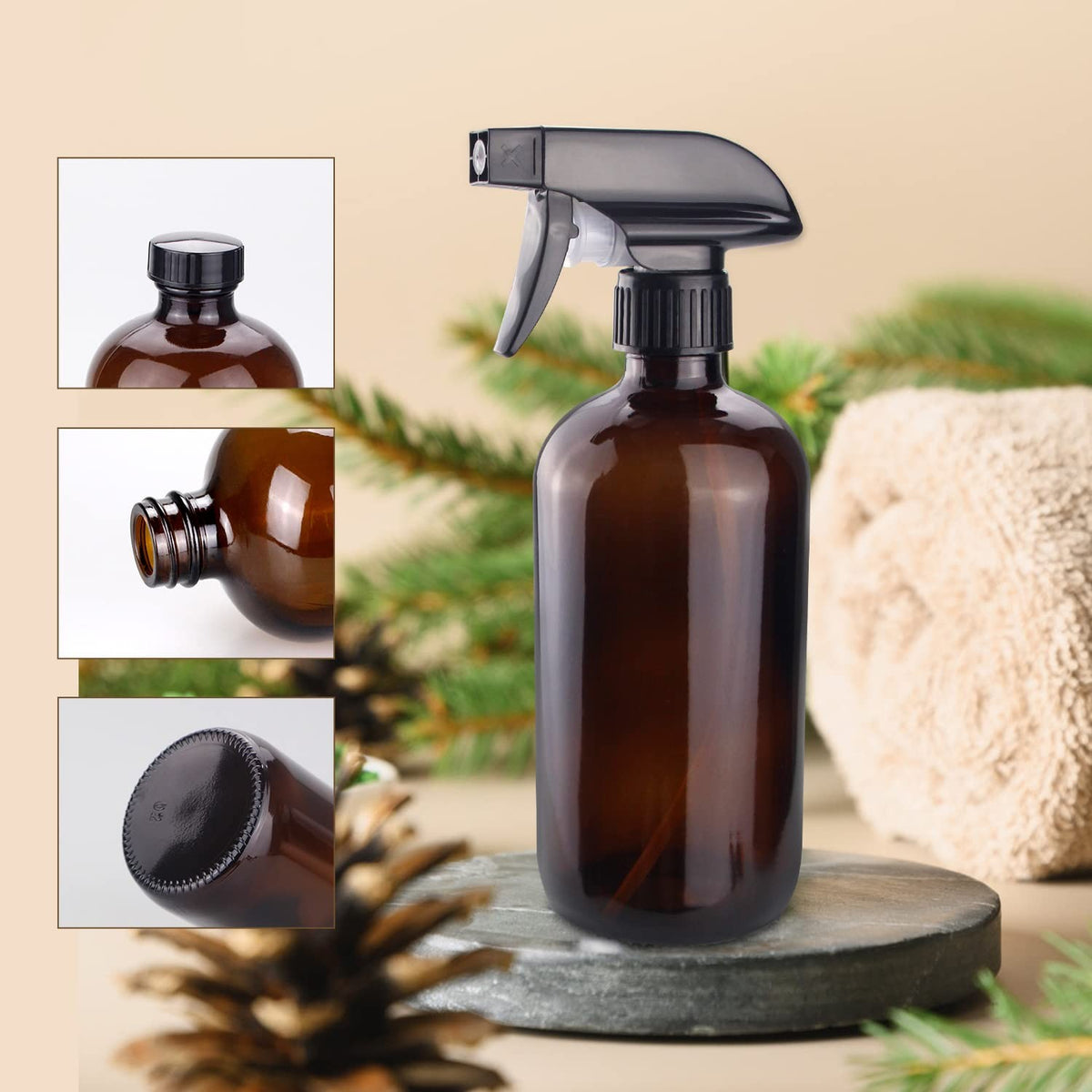 Amber Glass Spray Bottles 16oz - Adjustable, UV-Protected Cleaning & Home Use