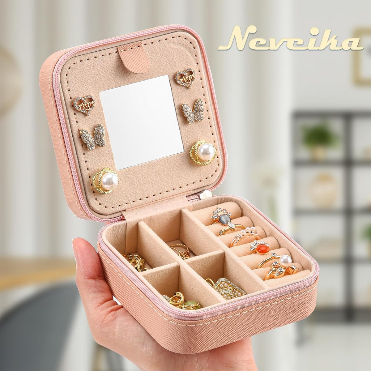 Travel Jewelry Organizer with Mirror, Small Jewelry Box for Women