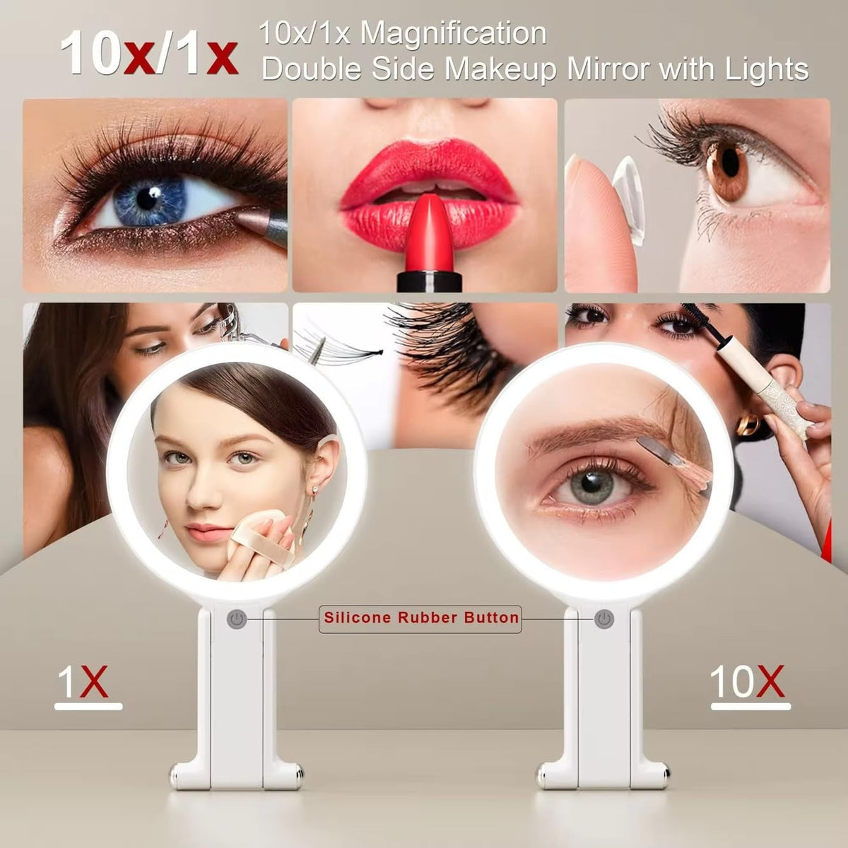Double-Sided LED Makeup Mirror 1X 10X Magnification with 3 Light Modes